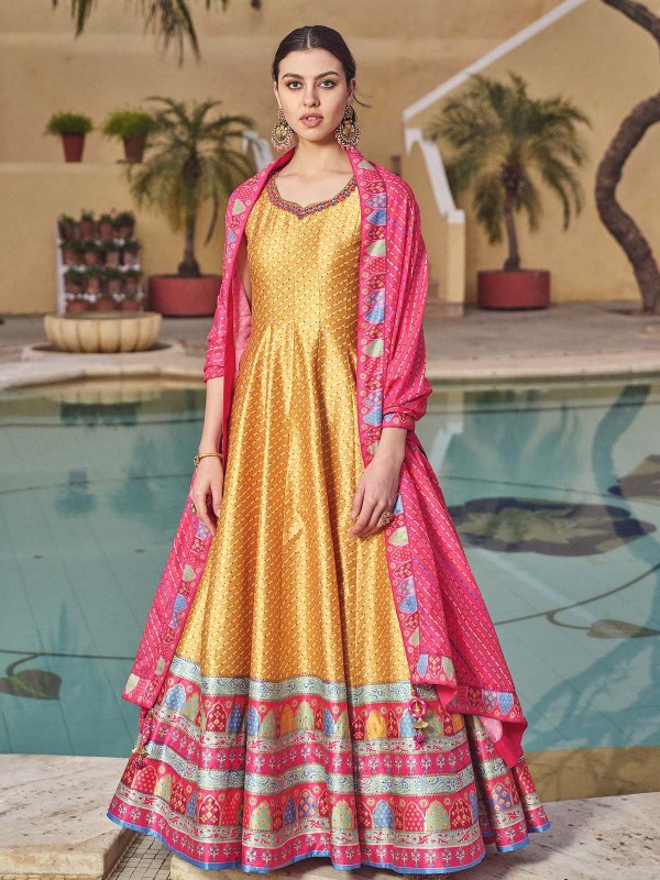 Mustard Cherry Silk Readymade Gown